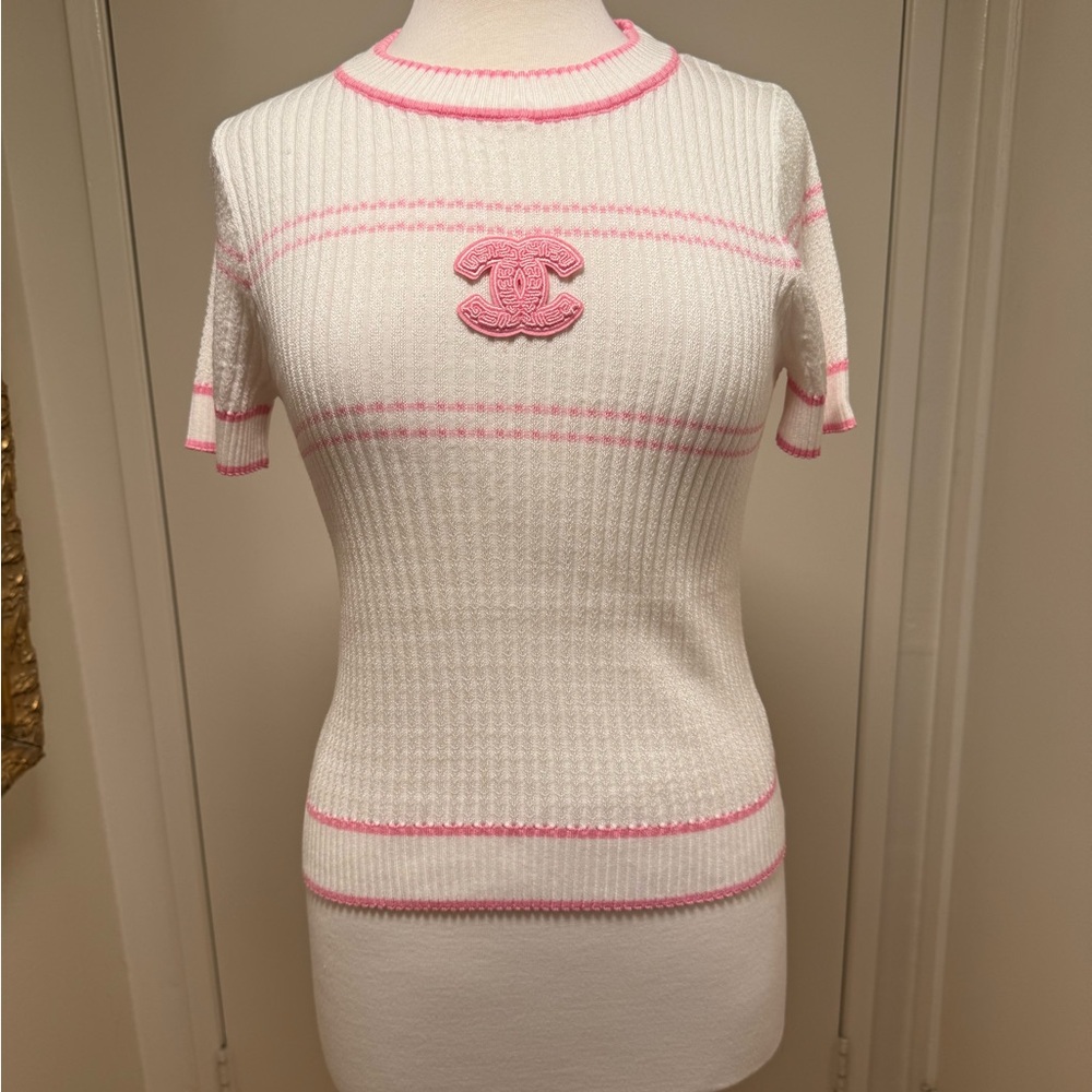 Chanel White and Pink Ribbed Knit Top